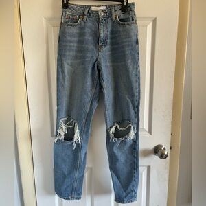 Topshop Light Blue Distressed Straight Leg Jeans 25 W 32 L